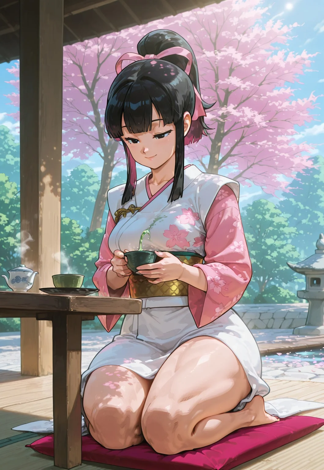 safe_pos, 1girl, chi-chi, long black hair, sidelocks, high ponytail, blunt bangs, black eyes, athletic build, toned body, thick thighs, medium breasts,
BREAK
elegant kimono, full length dress, long flared sleeves, pink floral pattern, decorative pattern, white underlayer, golden obi, pink hair ribbon, traditional attire, bare feet,
BREAK
serene expression, slight smile, graceful posture, elegant pose, kneeling on cushion, tea ceremony, holding teacup, pouring green tea, steam rising, cherry blossom petal on tray,
BREAK
outdoors, peaceful atmosphere, traditional Japanese garden, low tea table, sakura tree in full bloom, falling petals, stone lanterns, wooden bridge, koi pond, mossy rocks, soft sunlight, dappled shadows, detailed background,
BREAK
(safe_pos, fine texture, masterpiece, ultra-detailed, very awa, best quality, very aesthetic, absurdres, newest, volumetric lighting, scenery, vibrant, colorful), rating explicit, source anime,