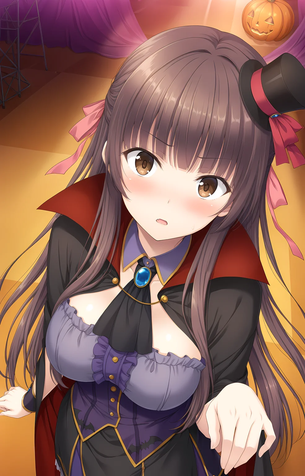 (masterpiece, best quality, highres, newest, official style, best perspective, depth of field, very_aesthetic, ultra detailed, perfect anatomy, perfect lighting, anime screencap), detailed eyes, perfect eyes, (8K, crisp quality, high_resolution:1.3), (drama stage, school festival, performance, spotlight, dramatic lighting, stage background:1.3), (acting, performance pose, theatrical expression:1.2), ( festival atmosphere, school auditorium, play scene:1.1),
<lora:Shirashima_Airi__-_Mell_Kiss:1>, airi, 1girl, long hair, brown hair, brown eyes, hat, mini top hat, black cape, ascot, vampire costume, (festival airi, festival costume, school play:1.3), (black mini hat, red lining, bat motif, jack-o'-lantern motif, high collar, gold buttons, brooch, blue gemstone, black necktie, ruffled top, purple corset, gold trim, halloween theme, pink hair ribbon, blunt bangs:1.2)