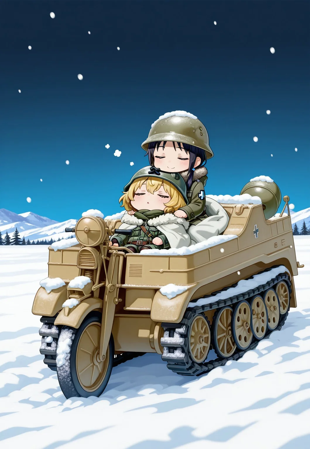 score_9,score_8_up,score_7_up,source_cartoon,masterpiece,best quality,detailed digital illustratio,zPDXL3,<lora:kettenkrad-000023:1>,kettenkrad,snow,snowing,night,last tour,
2girls,sitting inside kettenkrad,Chito \(girl's last tour\),black short hair,olive drab colored helmet,smile,olive drab cold weather military uniform with fur around the neck,chibi,
2girls,sitting on rear sheat,Yuuri \(girl's last tour\),blonde,short hair,fluffy hair,olive drab colored helmet,,olive drab cold weather military uniform with fur around the neck,closed eyes,chibi, kettenkrad, sleeping, wrapped in warm blanket, cuddling