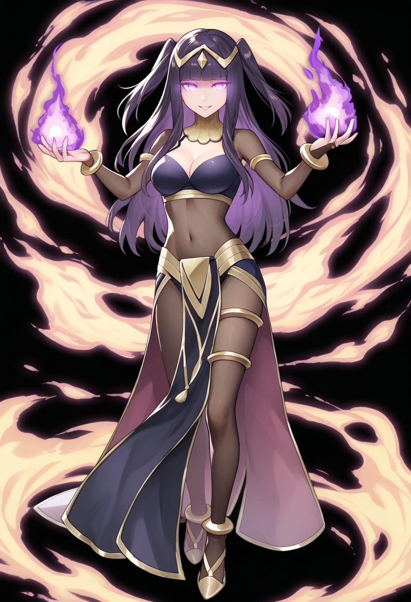 score_9, score_8_up, score_7_up, source_anime BREAK <lora:feh-style-richy-v1_pdxl-05:1> 1girl, standing, full body, bodystocking, tharja \(fire emblem\), fehspc, full body, standing, black background, hands up, smile, looking at viewer, glowing eyes, purple eyes, tiara, two side up, burning, cleavage, breasts, navel, body stocking, pelvic curtain, see-through, bracelet, bridal gauntlets, casting, black magic, purple theme, miasma, purple fire