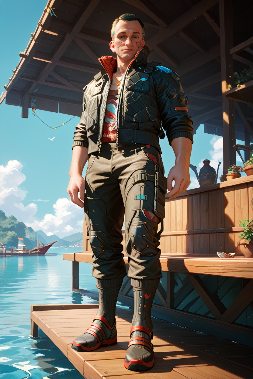 score_9, score_8_up, score_7_up, score_6_up
<lora:CyberJackie:1.0>
CyberJackie, 1boy, black hair, green eyes, mechanical parts, looking at viewer, full-body portrait, male model in a light summer outfit, standing on a wooden pier, turquoise water below, sailboats in the distance, bright and cheerful mood