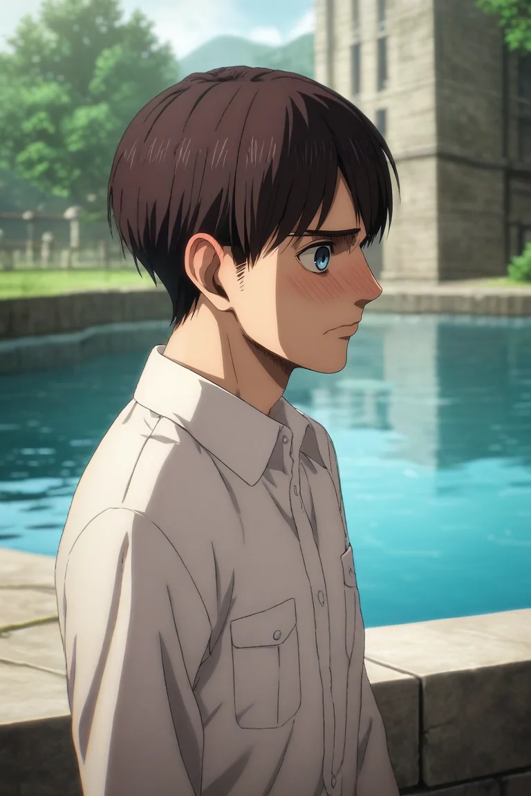 score_9, score_8_up, score_7_up, source_anime, rating_safe, intricate details, (3d:0.4), , depth of field, 1boy, male focus, ice blue eyes, dark red hair,, solo, profile, pond, arch, japanese architecture, day, sunny, w arms, embarrassed, nose blush, <lora:shingeki_no_kyojin_s4_style_pony:0.82>, shingeki_no_kyojin_s4_style, <lora:sdxl_lightning_8step_lora:1>
