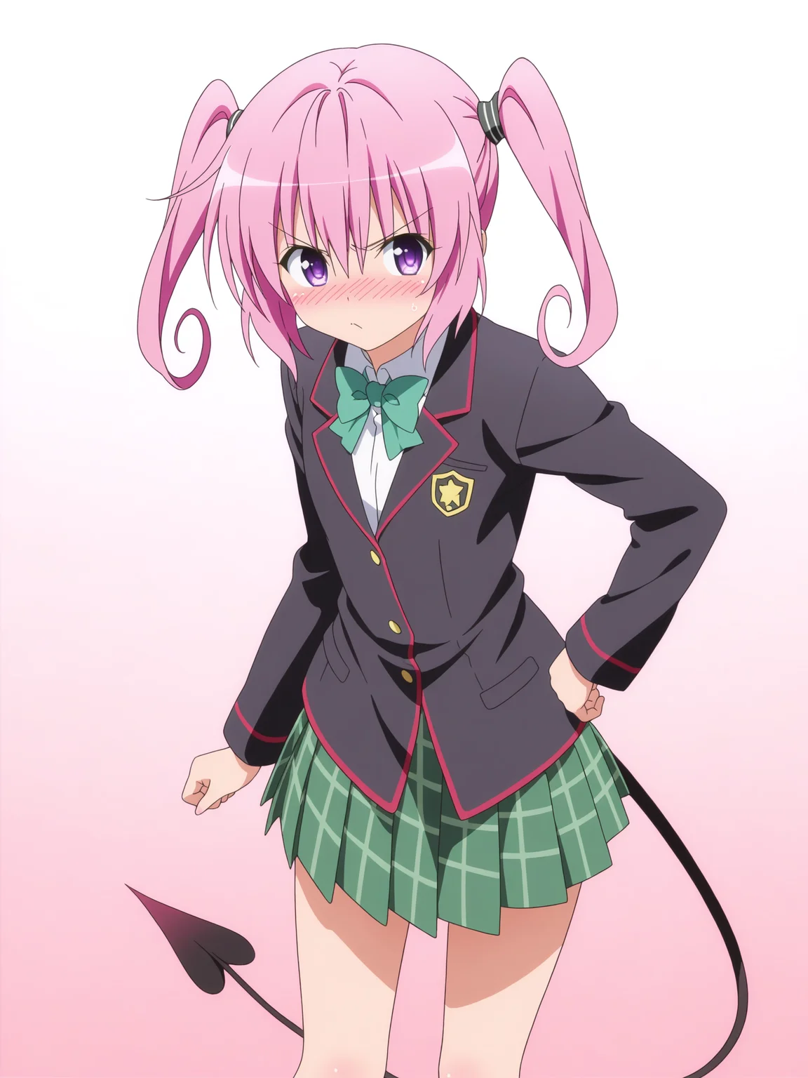 <lora:nana_1:1>,nana,purple eyes,demon tail,pink hair,tsundere,school uniform,twintails,