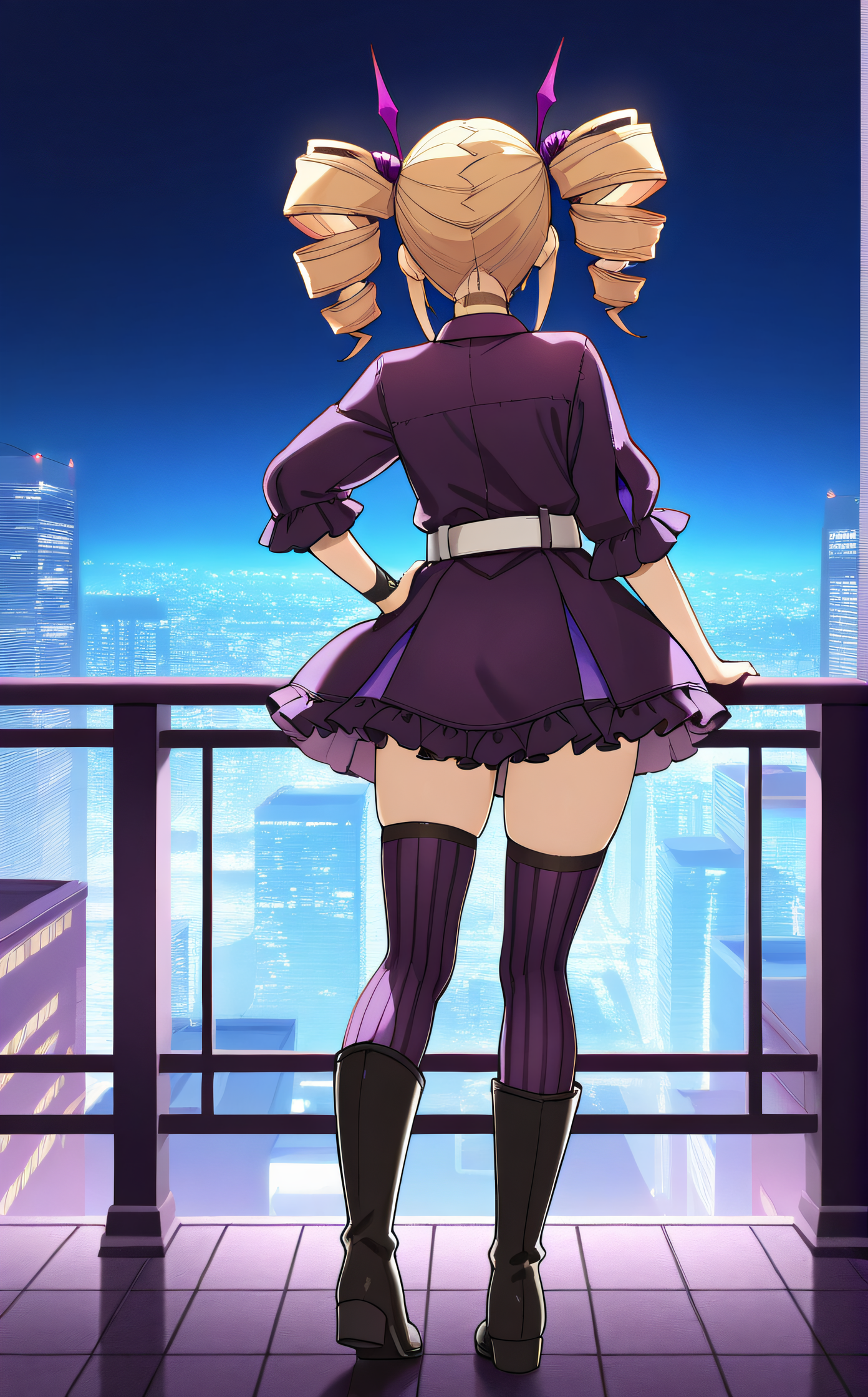masterpiece, best quality, highres, newest, scenary, 1girl, solo, official style, <lora:IL_Violet_Inboots:1>, violet, twindrills, black choker, white belt, collared dress, black frilled dress, purple vertical-striped thighhighs, black boots, full body, outdoor, from behind, one hand on hip, night, city lights