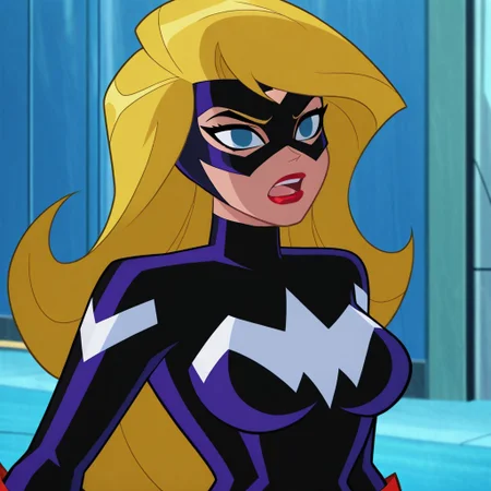 jla_style, 1girl, solo, long hair, breasts, open mouth, blue eyes, blonde hair, upper body, bodysuit, mask, lipstick, superhero, domino mask
