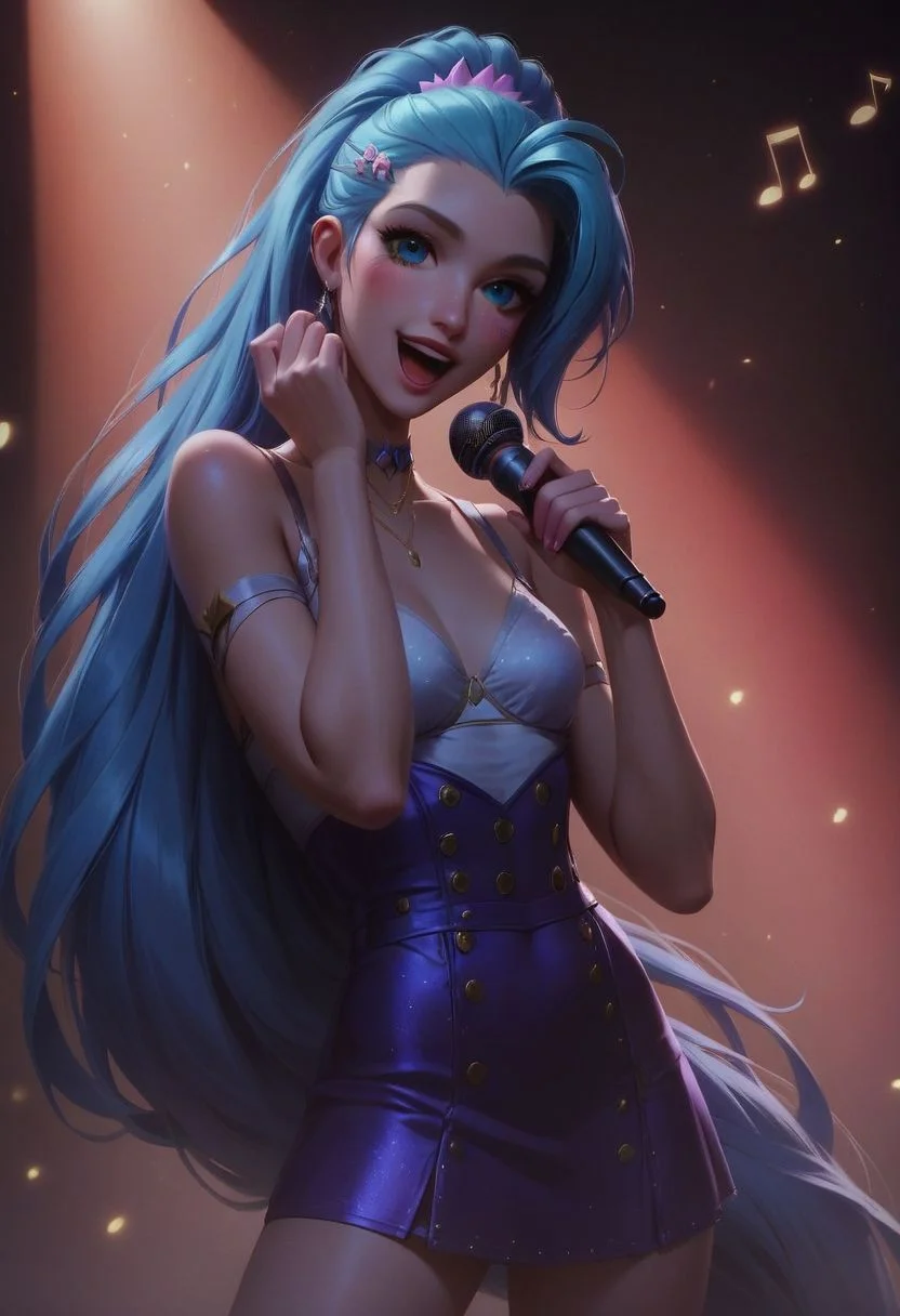 score_9, score_8_up, score_7_up, KDA Seraphine from League of Legends, KDA Seraphine outfit, (singing on stage:1.2), holding a microphone, (voluminous long ponytail:1.2), very long hair, indigo hair color, perfect face, adorable, alluring, (smiling:0.8), posing, dynamic sexy pose, detailed eyes, detailed face, eye contact, looking at viewer, seductive, lifelike art, cowboy shot, dramatic lighting, cute girl, detailed setting, detailed background, (on stage:1.1)