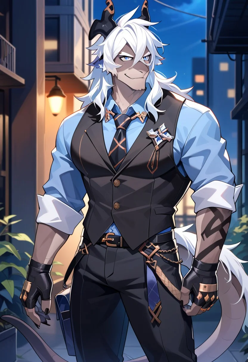 score_9,score_8_up,score_7_up,source_anime, Istvan (Alchemy Stars),solo,looking at viewer,smile,shirt,gloves,1boy,tail,male focus,cowboy shot,necktie,black gloves,collared shirt,belt,pants,fingerless gloves,vest,muscular,black pants,blue shirt,pectorals,muscular male,bara,sleeves rolled up,black vest,adjusting clothes,adjusting gloves,