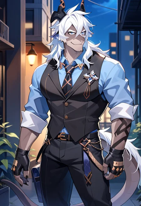 score_9,score_8_up,score_7_up,source_anime, Istvan (Alchemy Stars),solo,looking at viewer,smile,shirt,gloves,1boy,tail,male focus,cowboy shot,necktie,black gloves,collared shirt,belt,pants,fingerless gloves,vest,muscular,black pants,blue shirt,pectorals,muscular male,bara,sleeves rolled up,black vest,adjusting clothes,adjusting gloves,