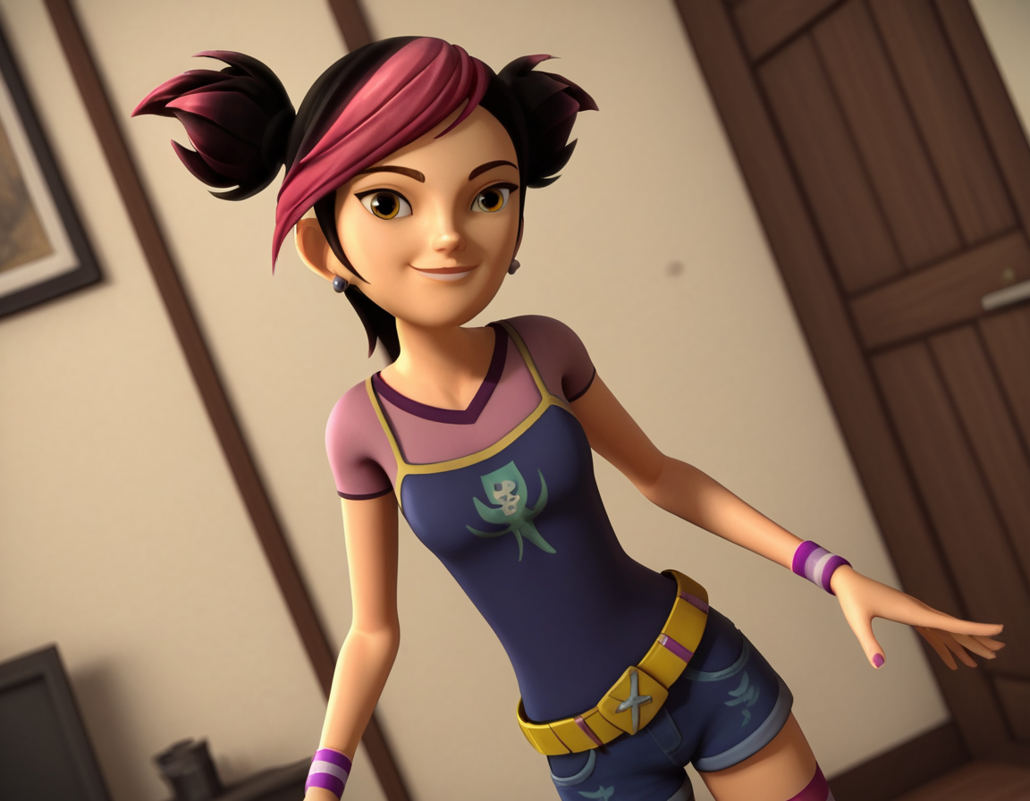 score_9, score_8_up, score_7_up, source_anime, <lora:miko-nakadai-cartoon-ponyxl-lora-nochekaiser:1>, miko nakadai, short hair, black hair, pink hair, multicolored hair, two-tone hair, twintails, streaked hair, 3d,, jewelry, earrings, wristband, camisole, shirt, short sleeves, striped, striped kneehighs, belt, shorts, denim,, indoors, smile, looking at viewer, solo,, cowboy shot, dutch angle