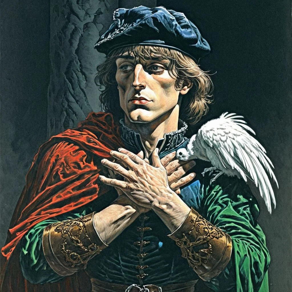 color illustration in berniewrightson style, extremely detailed, masterpiece, tenebrism, high contrast, 
Romeo - Late Renaissance attire, feathered cap, one hand over heart, other extended outward, poised romantically. ,  hero pose, 
  <lora:BernieWrightson_Style_XL_V4.1:0.7>