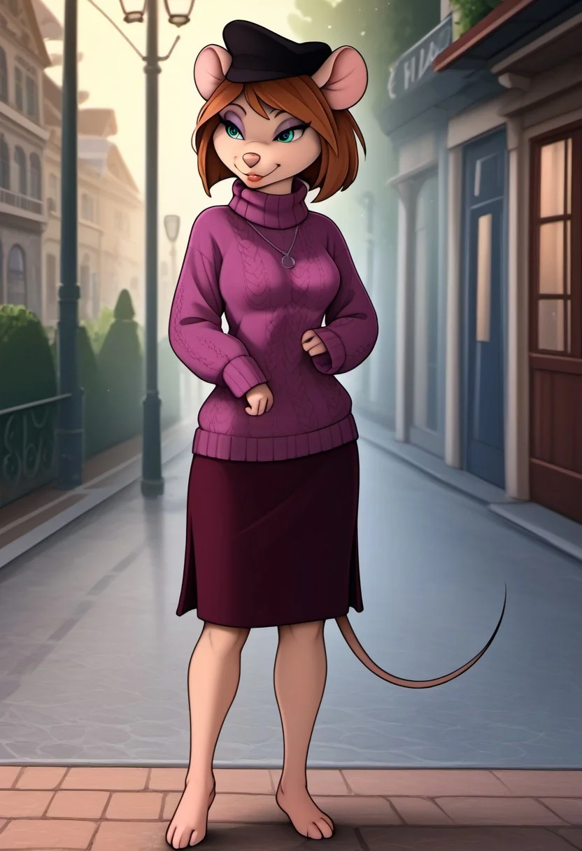 score_9, score_8_up, score_7_up, By YV
day, paris, outdoors, break
semi-anthro, 1girl, desiree d'allure, anthro, furry, mouse, mouse ears, mouse tail, red lips, light purple eyeshadow, brown hair, short bob cut, side-swept bangs, aqua eyes, mouse, mouse girl, mouse ears, medium breasts, detailed mouse legs, detailed barefoot, highly detailed face, fluffy fur, BREAK
standing, black hat, purple sweater, turtleneck sweater,long sleeves,dark purple skirt,