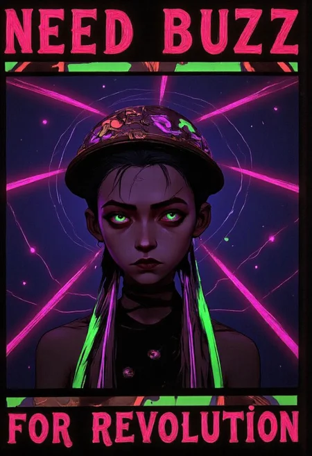 A byzantine style anarchist propaganda poster saying "need buzz" at the top and "for revolution" at the lower part of the image. The poster shows a pale jinx person with geometrical face paint and special long fluorescent neon hair. fluorescent fireflies, geometrical neon background, bo-abyss w3p0rtra1t, motivating, emotional, high quality, vibrant colors