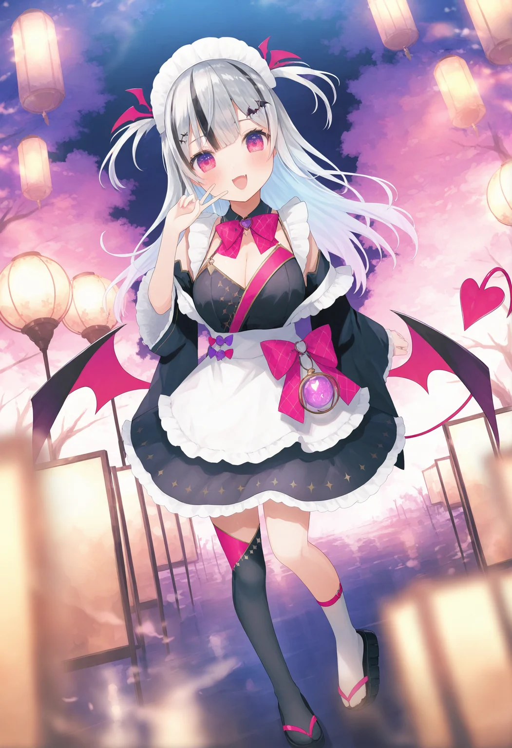 1girl, asymmetrical legwear, solo, virtual youtuber, tail, maid headdress, wings, thighhighs, single thighhigh, long hair, socks, demon tail, demon wings, breasts, two side up, multicolored hair, apron, dress, hair ornament, streaked hair, black hair, cleavage, v, full body, uneven legwear, pink eyes, single sock, smile, demon girl, mismatched legwear, lantern, purple eyes, looking at viewer, open mouth, grey hair, black footwear, maid, frills, bow, sandals,
masterpiece,best quality,newest,absurdres,highres,very awa,<lora:negi1_noob1.1-000186:0.8>,