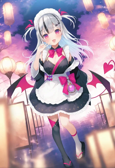 1girl, asymmetrical legwear, solo, virtual youtuber, tail, maid headdress, wings, thighhighs, single thighhigh, long hair, socks, demon tail, demon wings, breasts, two side up, multicolored hair, apron, dress, hair ornament, streaked hair, black hair, cleavage, v, full body, uneven legwear, pink eyes, single sock, smile, demon girl, mismatched legwear, lantern, purple eyes, looking at viewer, open mouth, grey hair, black footwear, maid, frills, bow, sandals,
masterpiece,best quality,newest,absurdres,highres,very awa,<lora:negi1_noob1.1-000186:0.8>,
