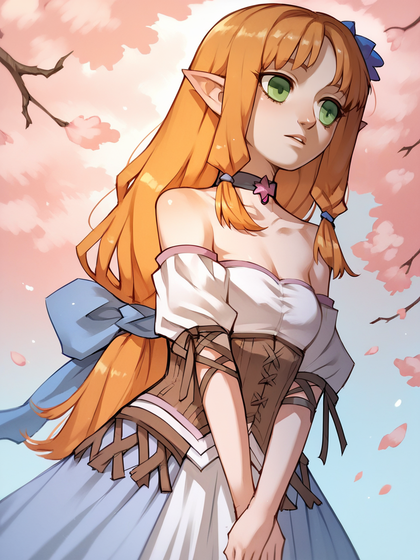 score_9, score_8_up, score_7_up, score_6_up, score_5_up,   <lora:ceciliaXLP:1> cecilia, green eyes, pointy ears, 1girl, solo, long hair, orange hair, corset, bare shoulders, choker, dress,