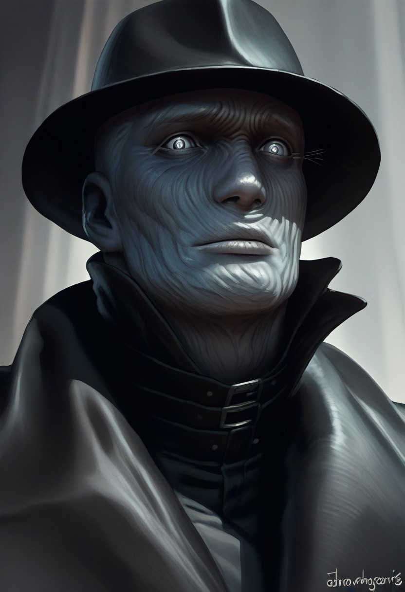 score_9, score_8_up, score_7_up, source_cartoon, 1boy, re_mrx, grey skin, black hat, bald, black coat, grey eyes, muscular, portrait,