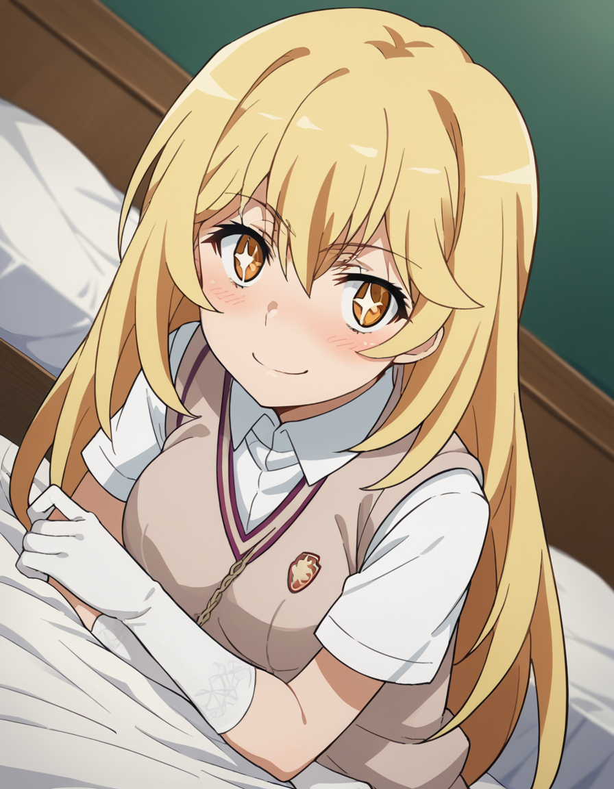 score_9, score_8_up, score_7_up, source_anime,
misakishokuhou, <lora:misaki-shokuhou-s3-ponyxl-lora-nochekaiser:1>,
misaki shokuhou, blonde hair, hair between eyes, long hair, symbol-shaped pupils, yellow eyes, smile,
elbow gloves, gloves, school uniform, short sleeves, summer uniform, sweater vest, tokiwadai school uniform, white gloves, light brown sweater vest,
indoors, bed, bed room, on side, blush, drunk,
looking at viewer, cowboy shot, dutch angle, dynamic pose,