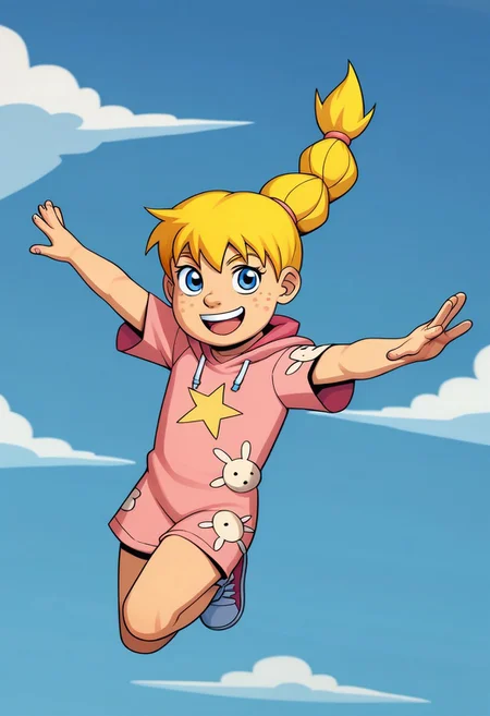 score_9, score_8, score_7, incogstyle, CHkatiepower, 1girl, ((solo)), in mid air jump, smiling, looking at viewer, child