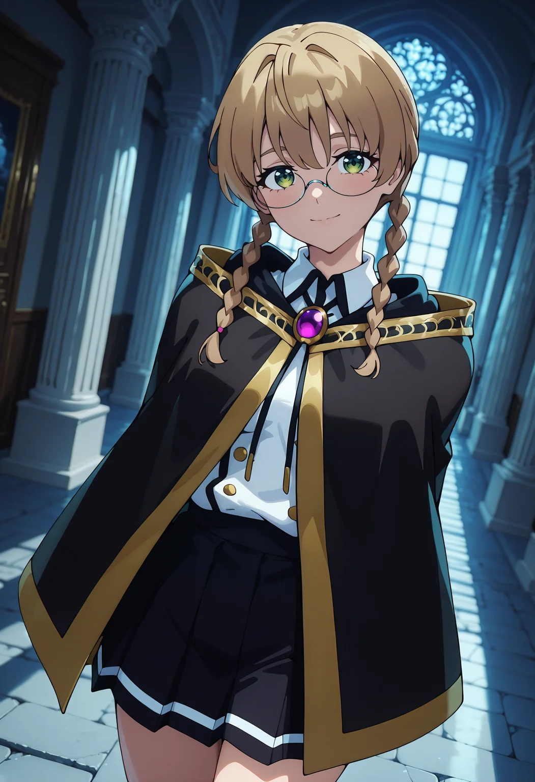 best quality, amazing quality, perfect quality, high quality, masterpiece, absolutely eye-catching BREAK
<lora:Wistoria_Wand_and_Sword_-_Iris_X_Stellamaris:1> WistoriaIris, green eyes, brown hair, long hair, double-parted bangs, twin braids, glasses, small breasts BREAK
black hooded cloak, hood down, brooch, white shirt, long sleeves, black pleated skirt BREAK
indoors, stone floor, pillar, wooden walls, window, dappled sunlight BREAK
1girl, solo, walking, arms behind back, head tilt, light smile, looking at viewer, dutch angle, cowboy shot, blurry background