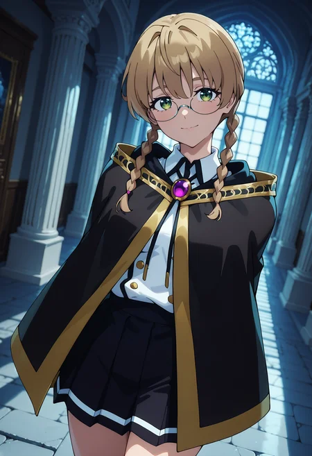 best quality, amazing quality, perfect quality, high quality, masterpiece, absolutely eye-catching BREAK
<lora:Wistoria_Wand_and_Sword_-_Iris_X_Stellamaris:1> WistoriaIris, green eyes, brown hair, long hair, double-parted bangs, twin braids, glasses, small breasts BREAK
black hooded cloak, hood down, brooch, white shirt, long sleeves, black pleated skirt BREAK
indoors, stone floor, pillar, wooden walls, window, dappled sunlight BREAK
1girl, solo, walking, arms behind back, head tilt, light smile, looking at viewer, dutch angle, cowboy shot, blurry background