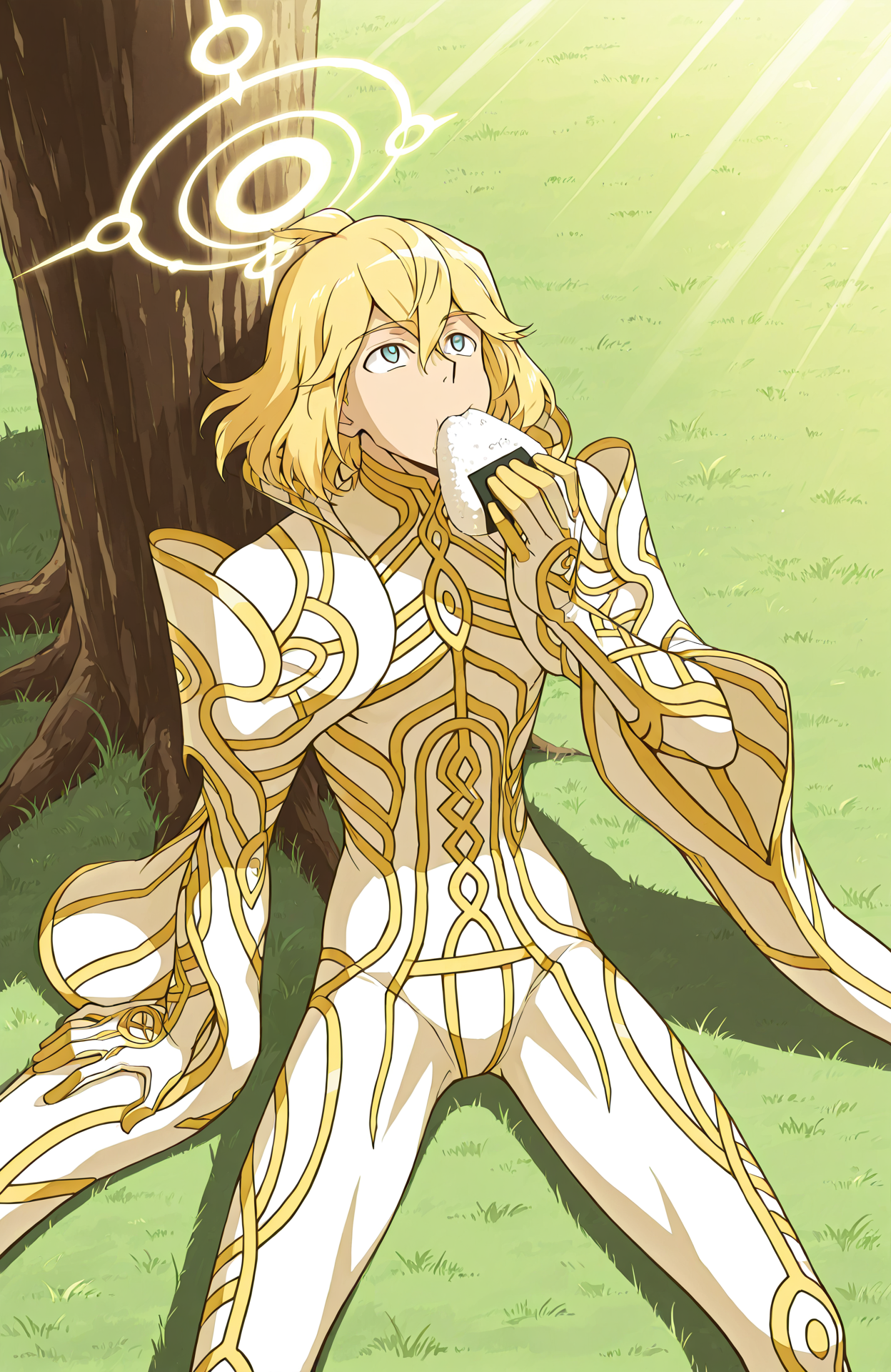 zanza_outfit, zanza_halo, zanza,
1boy, solo,
sitting, leaning back, spread legs,
eating onigiri, park, under tree, in shadow, sunbeam, day, grass, wind,
from above, looking up,
long sleeves, wide sleeves, furisode_sleeves,
skin tight, toned male,
anime style,
<lora:[Char - IL] Xenoblade - Zanza [+Clothes] (R1E14):1>