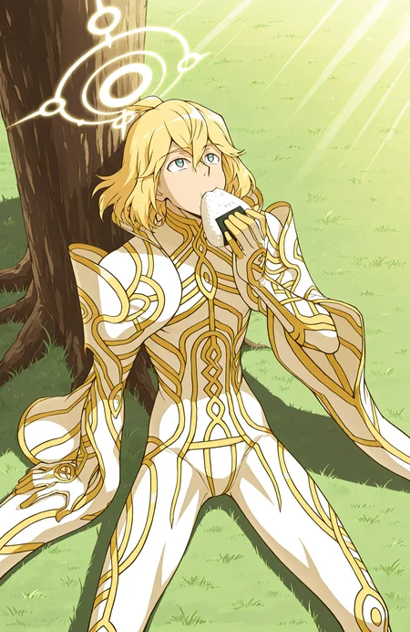 zanza_outfit, zanza_halo, zanza,
1boy, solo,
sitting, leaning back, spread legs,
eating onigiri, park, under tree, in shadow, sunbeam, day, grass, wind,
from above, looking up,
long sleeves, wide sleeves, furisode_sleeves,
skin tight, toned male,
anime style,
<lora:[Char - IL] Xenoblade - Zanza [+Clothes] (R1E14):1>