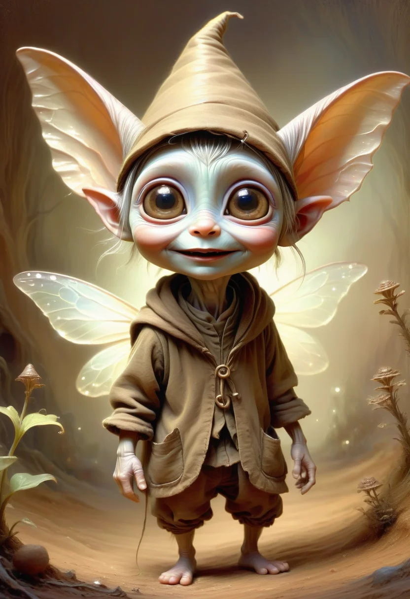 DonMP4ste11F41ryT4l3XL painting fairy, small humanoid creature, wrinkled or aged appearance, brown earth toned clothing, pointed ears, friendly expression, small pointed hat, expressive eyes, curiosity, playfulness, cute, helpful household tasks, domestic environments ,  <lora:DonMP4ste11F41ryT4l3XL-000008:0.8>