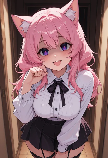 (masterpiece, best quality:1.3), purple_eyes, pink_hair, stockings, cat_ears, yandere, happy, medium breasts, loving_gaze, looking_at_viewer, BehindCatgirl, CatGirlStyle, white shirt with buttons, black skirt, posing for viewer