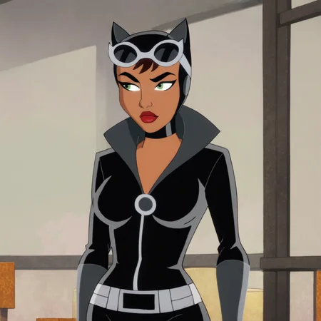 <lora:catwomanharleyquinncartoon_pony_v1:.8> CatwomanHQ, 1girl, dark-skinned female, dark skin, belt, gloves, bodysuit, goggles on head, animal ears, lipstick, short hair, choker, makeup, breasts, black hair, red lips, cowboy shot