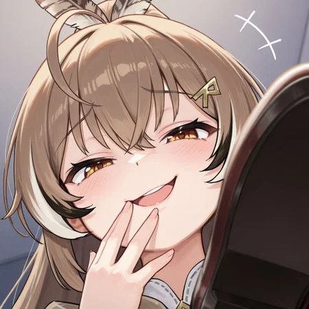 best quality, hires, from below, close up,
1girl, solo, nanashi mumei, hololive, brown hair, black streaks, sidelocks, ahoge, feather hair ornament, rune ornament,
looking at viewer, stepped on,
raised eyebrows, smug, open mouth, mesugaki, hand over own mouth, +++,
