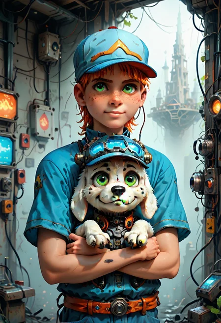 evi@decrepPunk, score_9, score_8_up, score_7_up,andy_heart _of_darkness, freckles, hat, white dog Decrepit Bot, pet Decrepit Bot,1boy, smile,green eyes, holding, male focus, blue headwear, shirt, upper body, orange hair, baseball cap, short sleeves, blue shirt, Decrepit CyberPunk background, zPDXL3