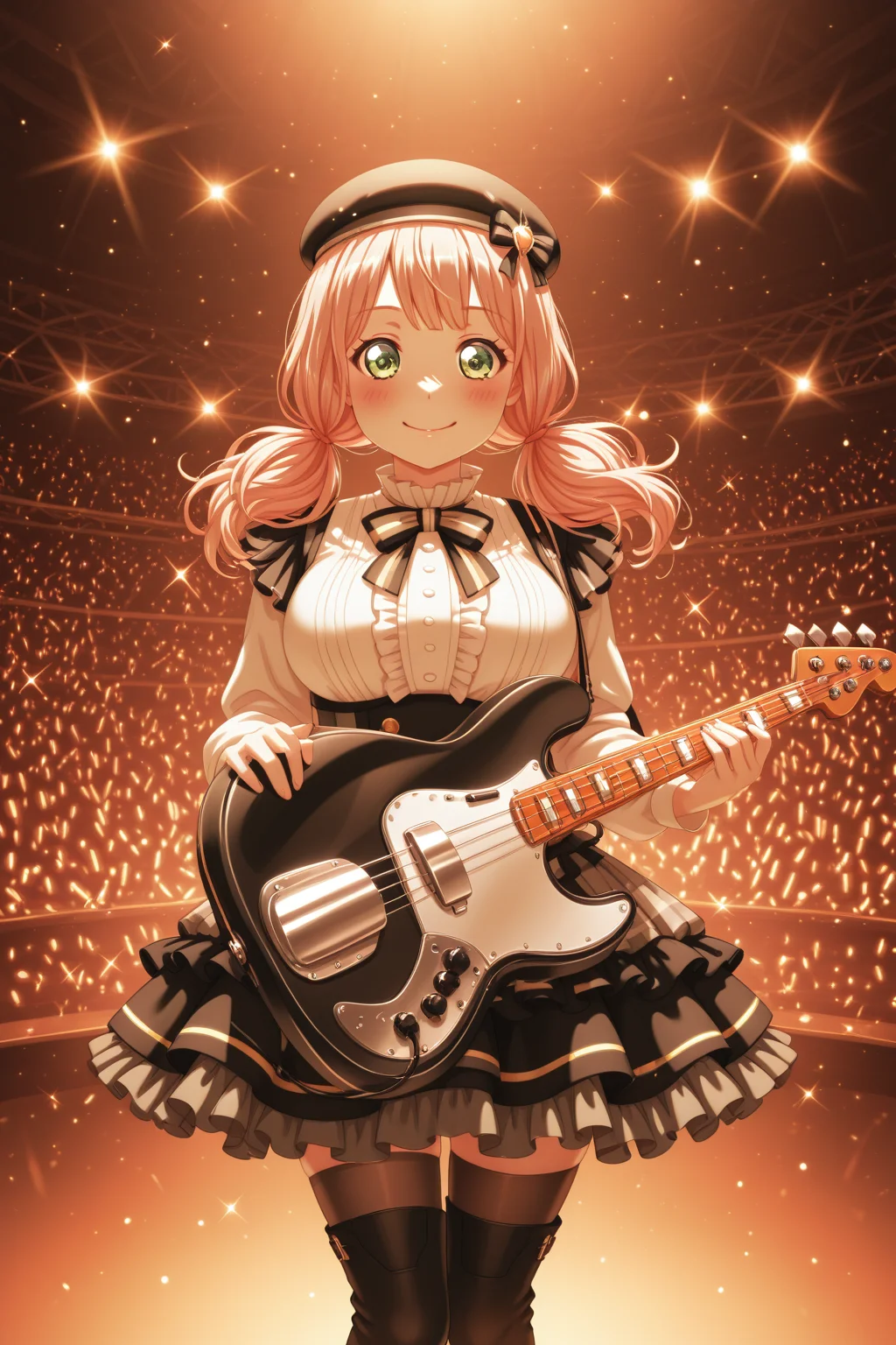 masterpiece, best quality, amazing quality, 1girl, solo, makeup, general, looking at viewer, cowboy shot, blush, smile, sparkle, audience, glowstick, stage lights, striped bow, ribbon, energetic pose, stage, concert, electric bass, bass guitar, holding instrument, <lora:Uehara_Himari_Ban_Dori:1>, Uehara_Himari_Ban_Dori, green eyes, pink hair, long hair, breasts, twintails, white frilled shirt, frilled skirt, beret, jewelry, thighhighs, boots, <lora:wai-2Rectified-V140:1>, <lora:illustrious_noobai_epsilon_pred_1_masterpieces_v1:1>