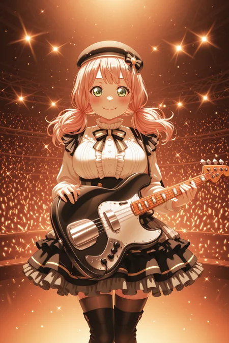 masterpiece, best quality, amazing quality, 1girl, solo, makeup, general, looking at viewer, cowboy shot, blush, smile, sparkle, audience, glowstick, stage lights, striped bow, ribbon, energetic pose, stage, concert, electric bass, bass guitar, holding instrument, <lora:Uehara_Himari_Ban_Dori:1>, Uehara_Himari_Ban_Dori, green eyes, pink hair, long hair, breasts, twintails, white frilled shirt, frilled skirt, beret, jewelry, thighhighs, boots, <lora:wai-2Rectified-V140:1>, <lora:illustrious_noobai_epsilon_pred_1_masterpieces_v1:1>