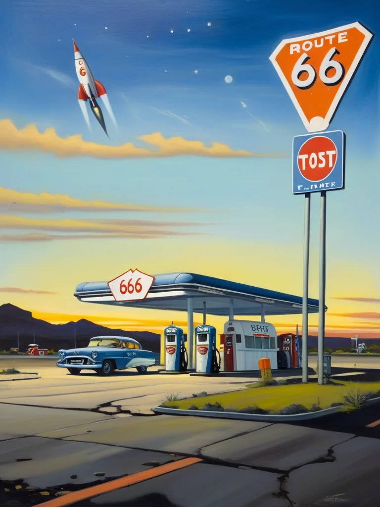 <lora:NatureLandscapePainting01_Hap_XL:1>,painting of a large abandoned roadside gas station with a route 66 highway shield, with a rocket sign and scifi cars in the parking lot,