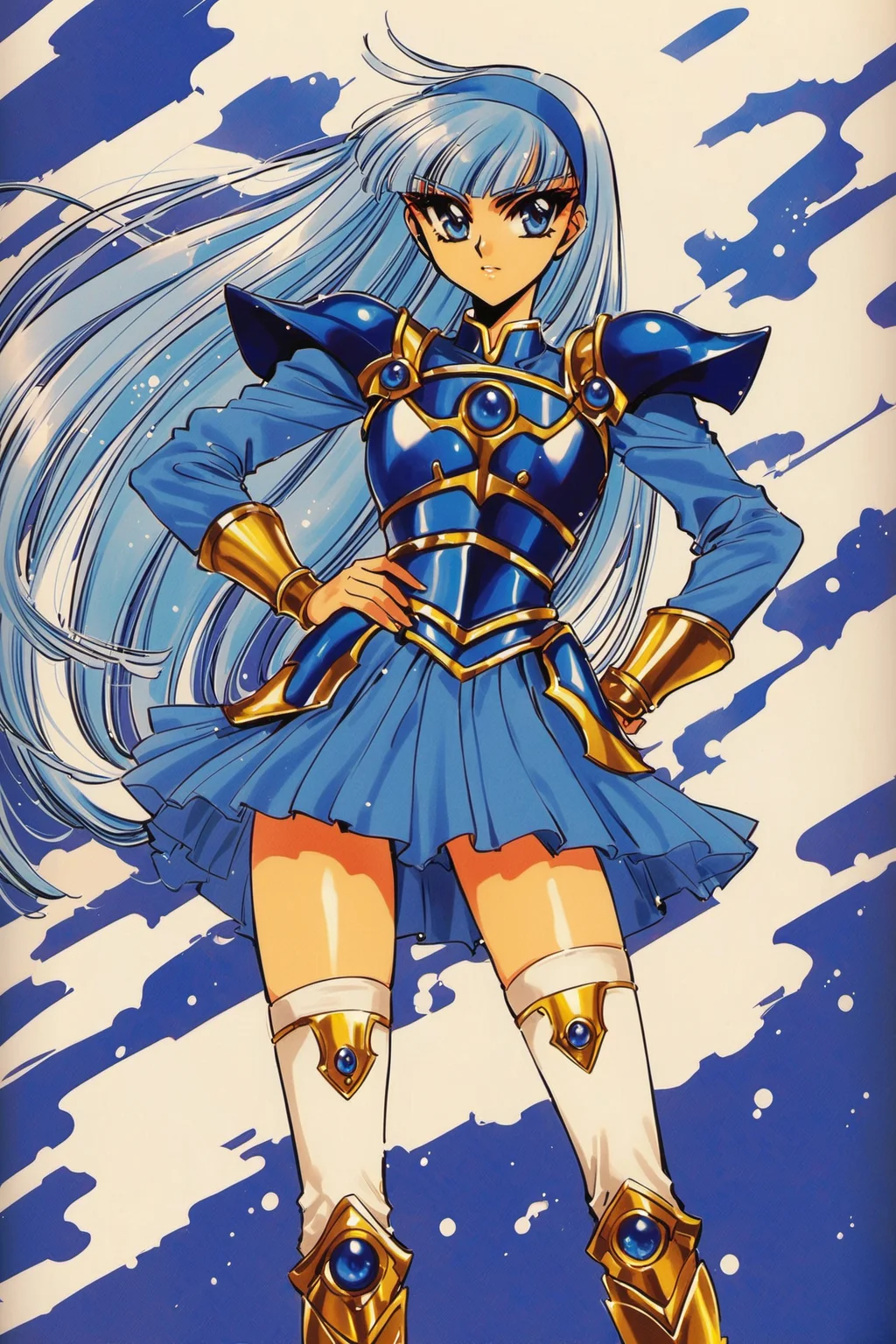Ryuuzaki Umi,1girl,solo,long hair,armor,blue eyes,1990s \(style\),blue hair,blue theme,retro artstyle,thighhighs,boots,armored dress,hand on own hip,hairband,skirt,blue hairband,<lora:Magic knight Rayearth_XL:0.8>,