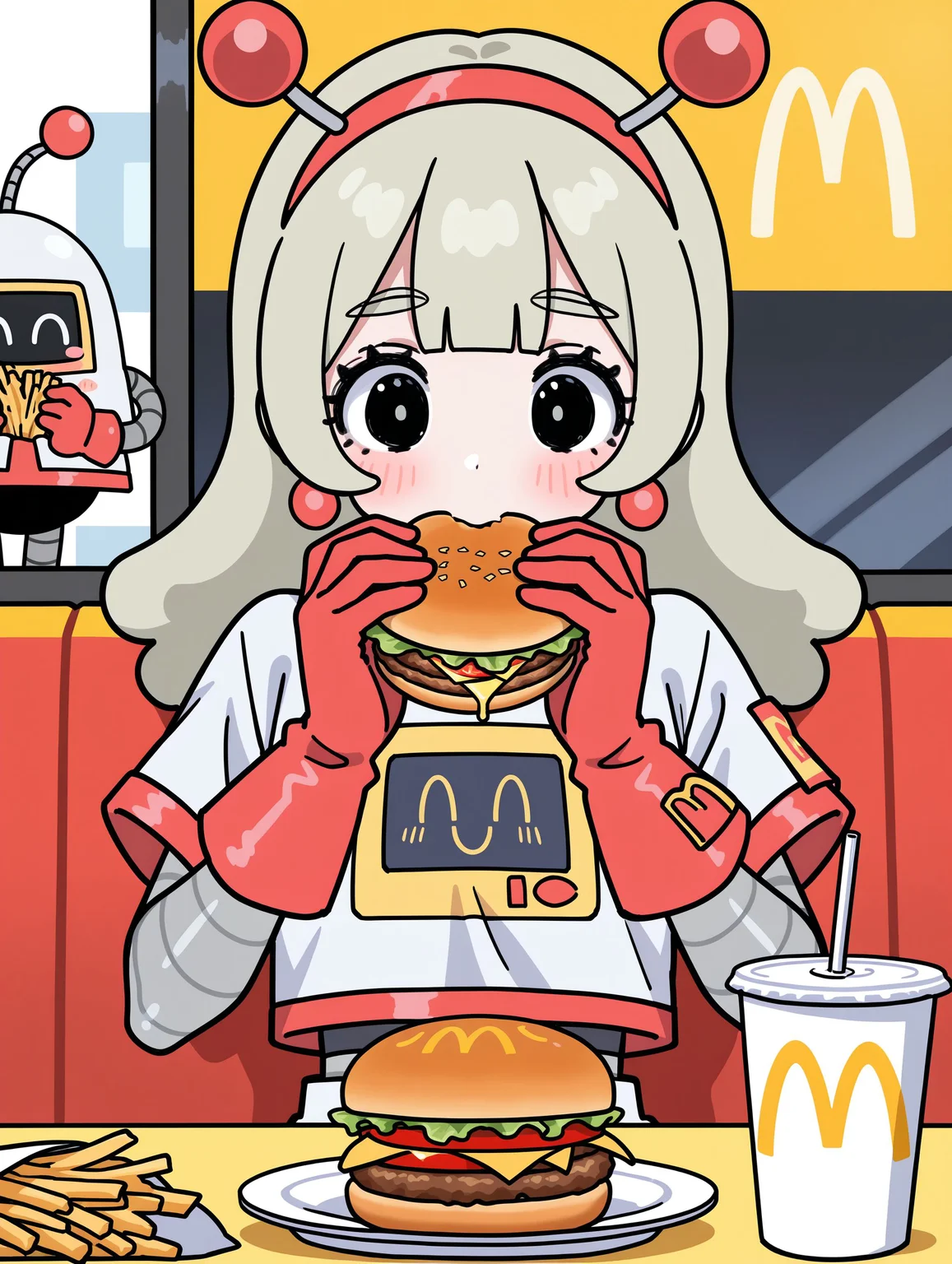 (masterpiece, best quality:1.2), amazing quality, very aesthetic, absurdres, perfect detail,
mcdonald's, table, booth seating, upper body,
mcrobot, eating french fries, burger, drinking straw, shy, blush stickers,
mcsetsuko, android, red_hairband, antennae, earrings, jewelry, white_shirt, print_shirt, short_sleeves, crop_top, white_skirt, red_trim, red_gloves,
<lora:XL_Ill_mcdo-set500-t1:0.9>