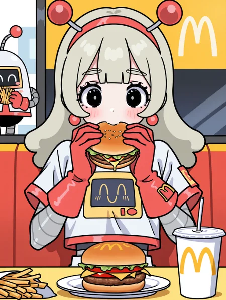 (masterpiece, best quality:1.2), amazing quality, very aesthetic, absurdres, perfect detail,
mcdonald's, table, booth seating, upper body,
mcrobot, eating french fries, burger, drinking straw, shy, blush stickers,
mcsetsuko, android, red_hairband, antennae, earrings, jewelry, white_shirt, print_shirt, short_sleeves, crop_top, white_skirt, red_trim, red_gloves,
<lora:XL_Ill_mcdo-set500-t1:0.9>