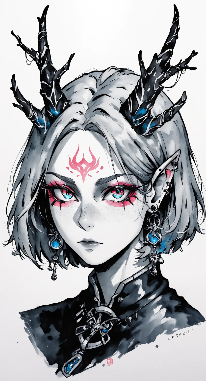 masterpiece, best quality, good quality, very awa, very aesthetic, absurdres, newest, 1girl, solo, looking at viewer, short hair, blue eyes, simple background, closed mouth, jewelry, grey hair, earrings, tree horns, pointy ears, pink eyes, parted bangs, makeup, piercing, facial mark, portrait, ear piercing, forehead, eyeshadow, freckles, spot color, multicolored eyes, forehead mark, pink eyeshadow, Watercolor,
drawing_style, monochrome, greyscale <lora:ponyv6_noobV1_2_adamW-000017:0.7> <lora:ILwatercolor:0.6> <lora:drawing_style_illustriousXL:0.4>