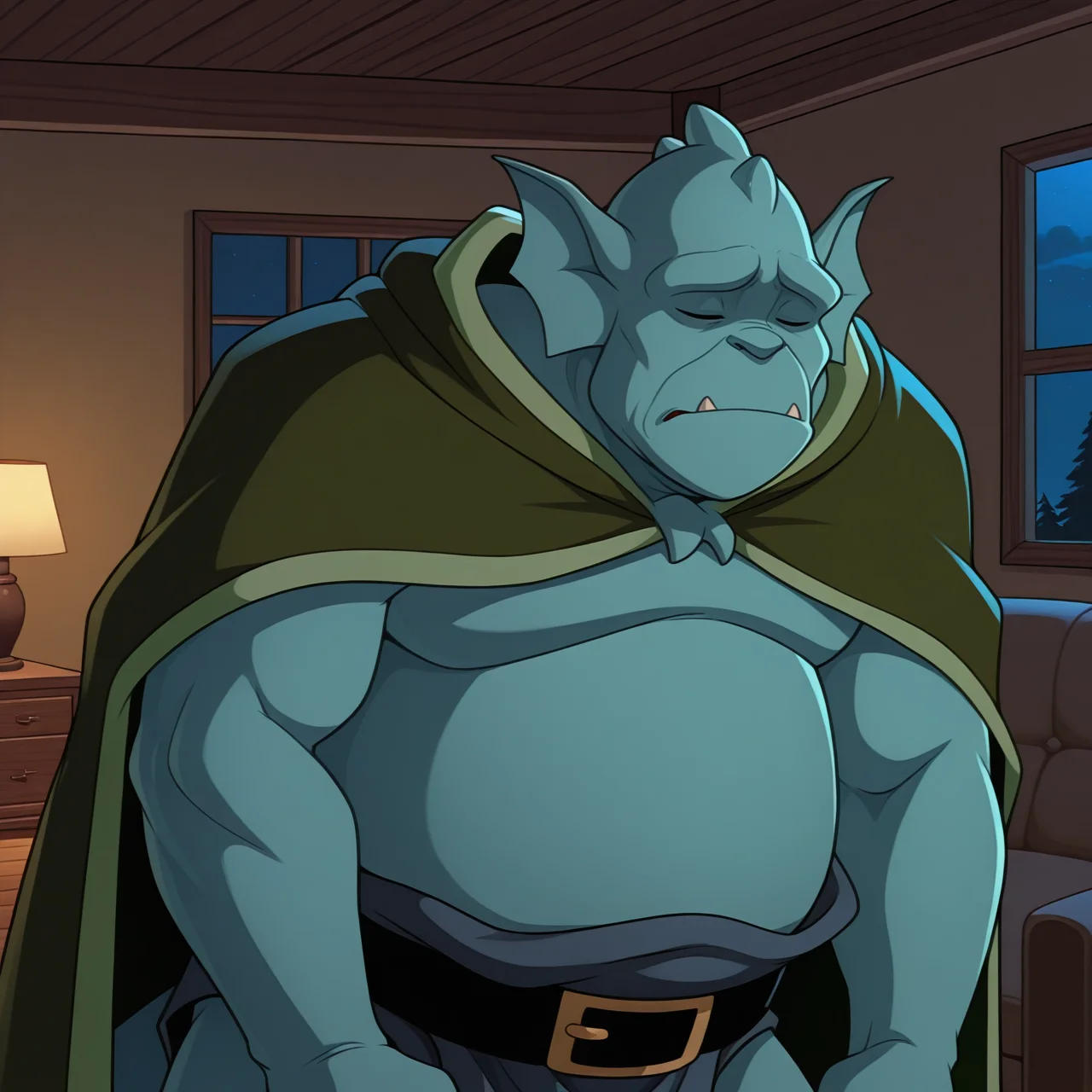 broadwayxl, anthro, teal gargoyle, fat, solo, cartoon, upper body, closed eyes, hunched over, sad, (dark cape:1.3), loincloth, black belt, (gold buckle:0.5), indoors, modern living room, night, furniture