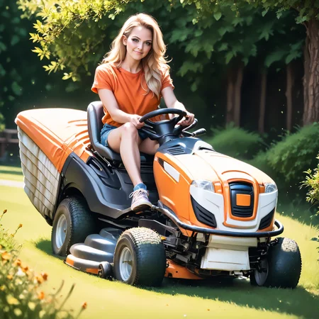 score_9, score_8_up, score_7_up, rilamo (front view) , (slim 25yo female) riding a lawn mower. orange shirt, black hot-pants, sneakers , long blonde hair <lora:RideLawnMowerPony:1>