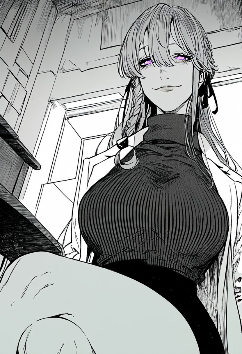 Maria akeboshi, long hair, hair ribbon, braid, hair between eyes, purple eyes, wral artstyle, Expressiveh, score_9, score_8_up, score_7_up, source_anime BREAK 1girl, solo,large breasts,   flat color, dark theme, black turtleneck sleeveless sweater, , black skirt, monochrome, greyscale,
Yandere, smile, closed mouth, lab coat,
Indoors,
sitting on chair, crossed legs, from below,