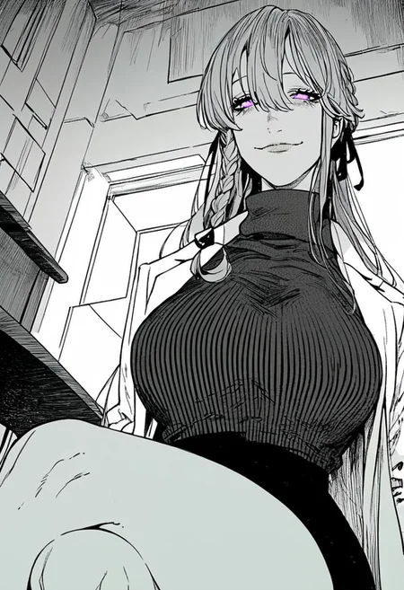 Maria akeboshi, long hair, hair ribbon, braid, hair between eyes, purple eyes, wral artstyle, Expressiveh, score_9, score_8_up, score_7_up, source_anime BREAK 1girl, solo,large breasts, flat color, dark theme, black turtleneck sleeveless sweater, , black skirt, monochrome, greyscale,
Yandere, smile, closed mouth, lab coat,
Indoors,
sitting on chair, crossed legs, from below,