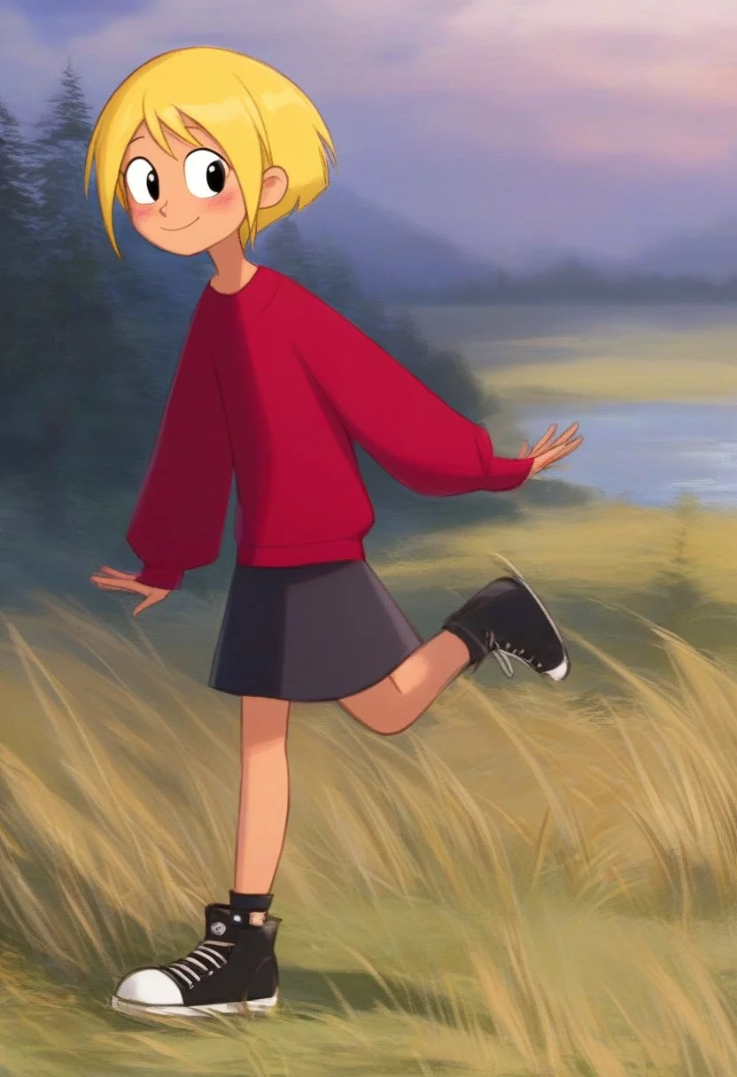 score_9, score_8_up, score_7_up, colorful, masterpiece, rim lighing, saturated colors, full-body image, cute girl, detailed eyes, pin-up pose, flat chest, cute girl, blonde hair, pixie haircut, red sweater, black miniskirt, black converse shoes, cartoony artstyle, mangamaster style, cute smile, detailed lighting, looking at viewer, black eyes, hands at the sides, blushing, black skirt, detailed background, sunset, tall grass, trees in the background, detailed clouds in the background, river, perfect face, perfect face details, messy hair