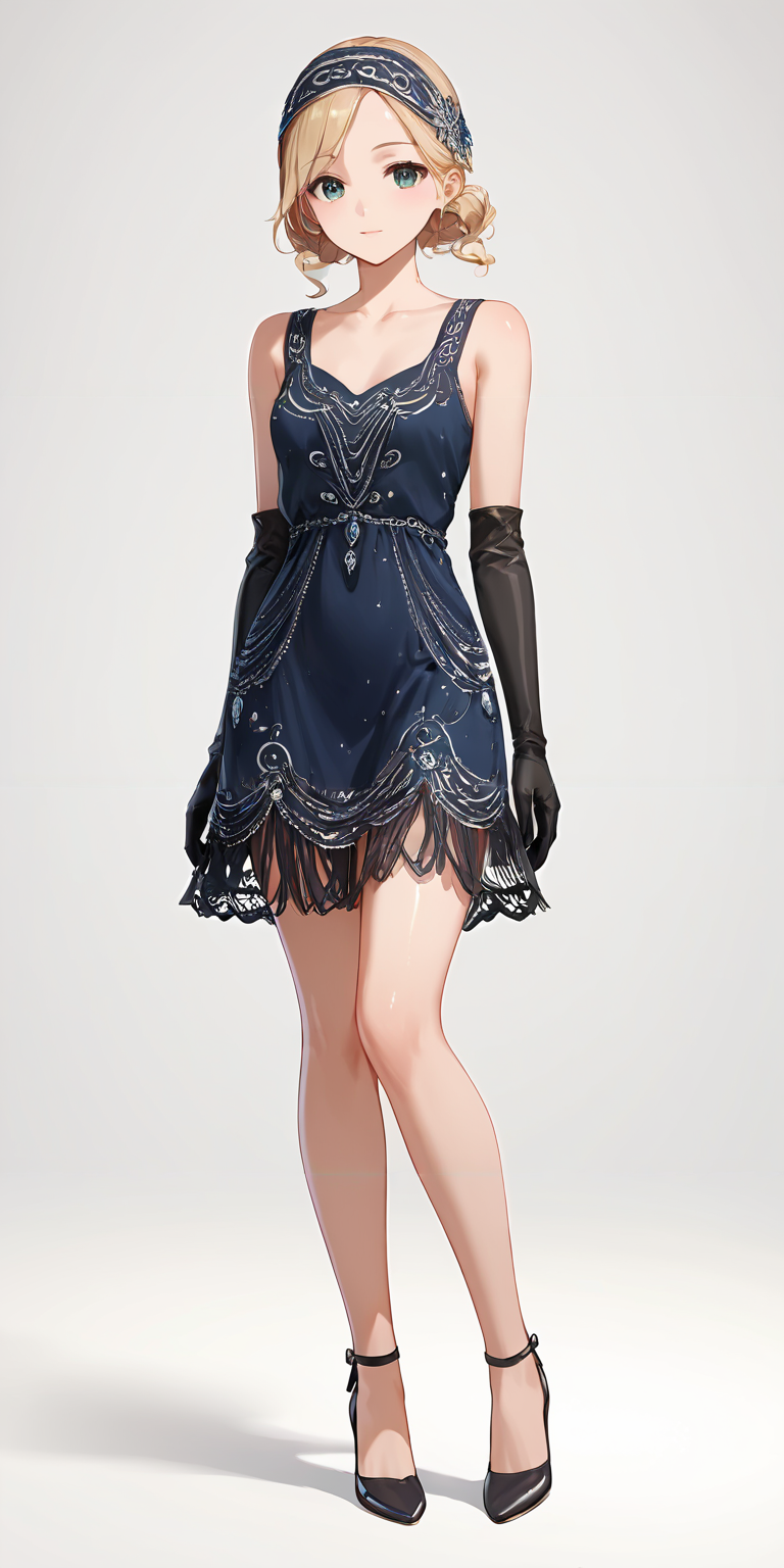 score_9, score_8_up, score_7_up,source_anime, high res image,masterpiece,best quality,girl,cute face,clear skin,shiny hair,ultra detailed eyes,simple background,  <lora:1920s flapper dress_pony_V1.1:0.8> flapper dress, high heels, black elbow gloves, sleeveless,make up