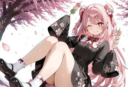 lazypos, girl focus, 1girl, one eye closed, food, dress, flower, hair ornament, red eyes, white background, white socks, solo, smile, double bun, black footwear, long hair, socks, shoes, hair bun, sleeves past fingers, looking at viewer, pink hair, hair flower, closed mouth, sleeves past wrists, holding, black dress, floral print, wagashi, simple background, long sleeves, cherry blossoms, two side up, dango, symbol-shaped pupils, blush, bow, bowtie, flower-shaped pupils, petals