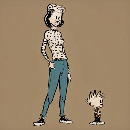 solo woman, facing camera, illustrated woman, wearing pants and a sweater, art style of Bill Watterson, full shot,