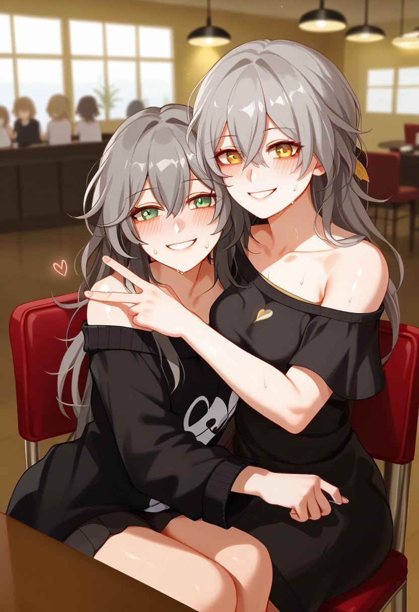 blush, smile, 2girls, sitting, heart, sweat, off shoulder, yuri, chair, couple, selfie, looking at viewer, cafe, Female Rover, Stelle \(Honkai: Star Rail\), hug, foreshortening, depth of field, v, reaching towards viewer