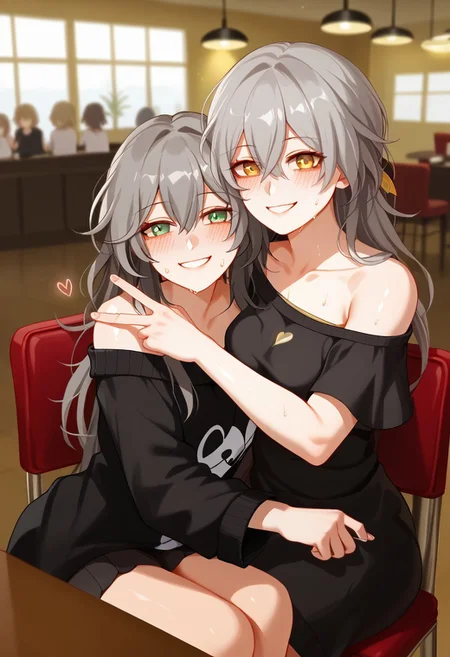 blush, smile, 2girls, sitting, heart, sweat, off shoulder, yuri, chair, couple, selfie, looking at viewer, cafe, Female Rover, Stelle \(Honkai: Star Rail\), hug, foreshortening, depth of field, v, reaching towards viewer