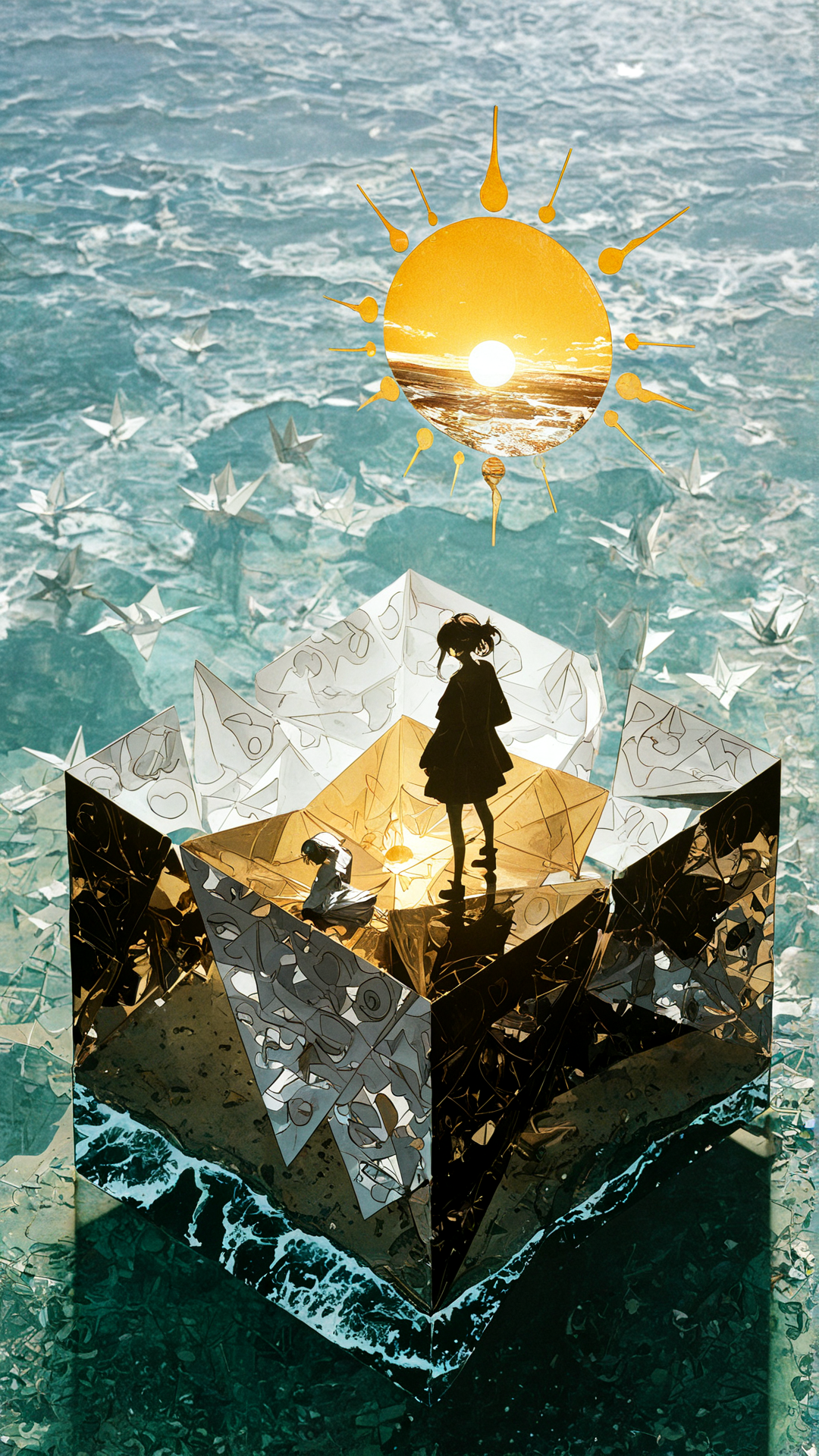,(wanke:1.2),(mon (monmon2133):0.9),(mochizuki kei:0.95), (tira 27:0.7),,(masterful paper cutout art, layered paper craft, intricate diorama:1.4), clean and graphic aesthetic.A vibrant beach scene constructed from multiple layers of colored paper. The waves are the main focus, designed as scrolling, stylized forms made from three distinct shades of blue paper, layered to show depth. The crest of each wave is topped with an intricate, lace-like pattern of white paper, representing the seafoam. The beach in the foreground is composed of two layers: a dark beige for the wet sand and a light yellow for the dry sand, with tiny, simple cutout shapes of shells scattered about. A large, simple, circular orange paper sun hangs in a pale blue sky with a few flat, white paper clouds. Crucially, there are subtle, soft drop shadows between each layer of paper, creating a tangible sense of depth and dimension, as if it were a real, physical diorama.papercraft, layered, drop shadow, ocean waves, beach, sand, sun, solid color, clean edges,embedding:lazypos,
<lora:CADENZA:0.55> <lora:SketchPalette:0.45> <lora:nhl-004:0.4> <lora:yuekoILL:0.25> <lora:se_v1_epic_style:0.35> <lora:Matte_Skin_Illustrious_v4:1.0>