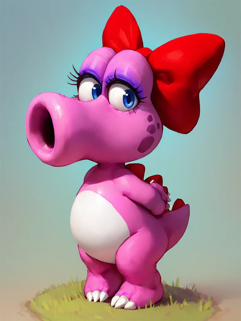 <lora:BirdoPony1.0:1> eyelashes, red bow, pink skin, dinosaur, open mouth, solo, no humans, full body, hair bow, blue eyes,arms behind back, makeup, looking at viewer, score_9, score_8_up, score_7_up, score_6_up